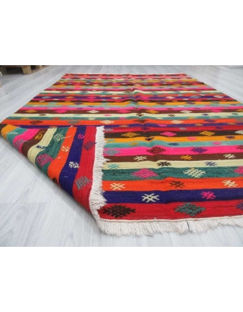 Handwoven vintage decorative colorful embroidered Turkish area kilim rug