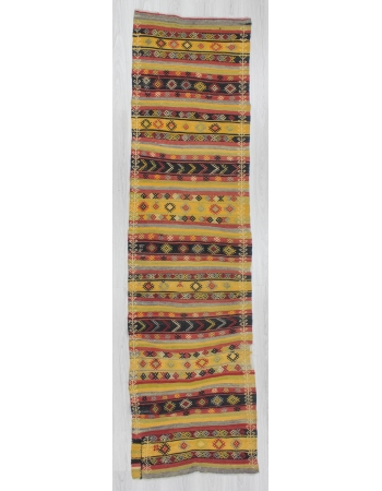 Handwoven vintage decorative striped embroidered Turkish kilim runner rug