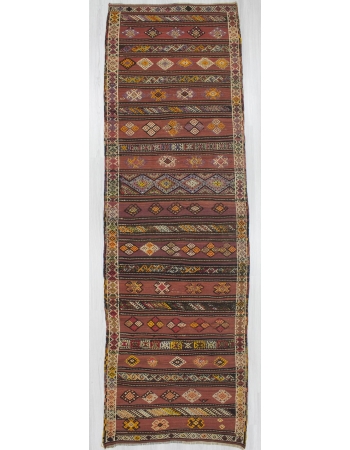 Vintage handwoven decorative striped embroidered Turkish kilim runner rug