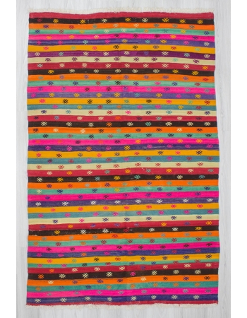 Handwoven vintage vibrant colorful striped embroidered Turkish kilim rug