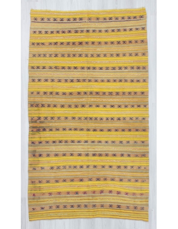 Vintage handwoven yellow striped Turkish kilim rug