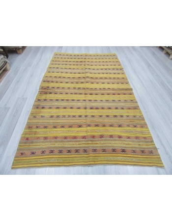 Vintage handwoven yellow striped Turkish kilim rug