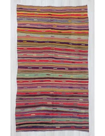 Vintage handwoven vibrant colorful striped Turkish kilim rug