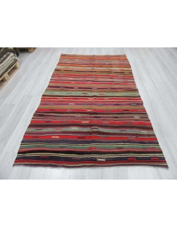 Vintage handwoven vibrant colorful striped Turkish kilim rug