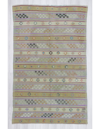 Handwoven vintage embroidered pastel Turkish kilim rug