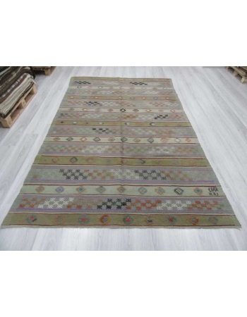 Handwoven vintage embroidered pastel Turkish kilim rug