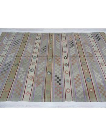 Handwoven vintage embroidered pastel Turkish kilim rug