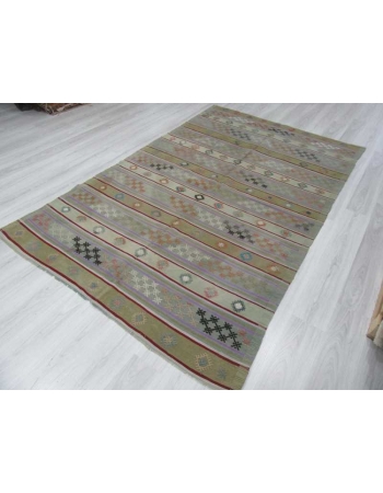 Handwoven vintage embroidered pastel Turkish kilim rug