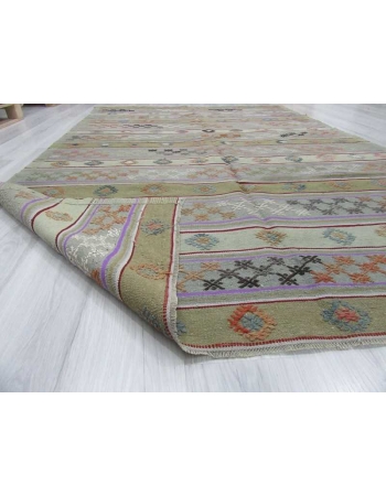 Handwoven vintage embroidered pastel Turkish kilim rug