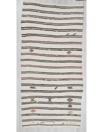 Vintage handwoven decorative modern black striped embroidered naturel Turkish white hemp kilim rug