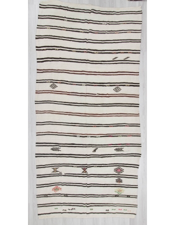 Vintage handwoven decorative modern black striped embroidered naturel Turkish white hemp kilim rug