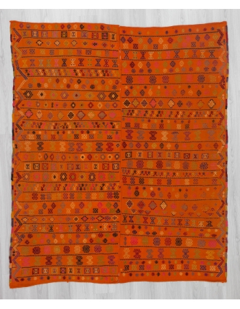 Handwoven vintage embroidered orange Turkish Adana area kilim rug