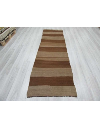 Handwoven vintage naturel brown striped Turkish kilim runner rug