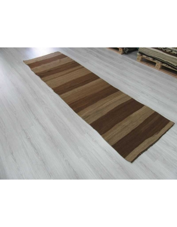 Handwoven vintage naturel brown striped Turkish kilim runner rug