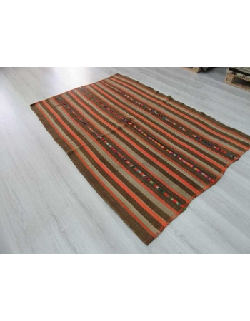 Vintage brown orange striped decorative Turkish kilim rug