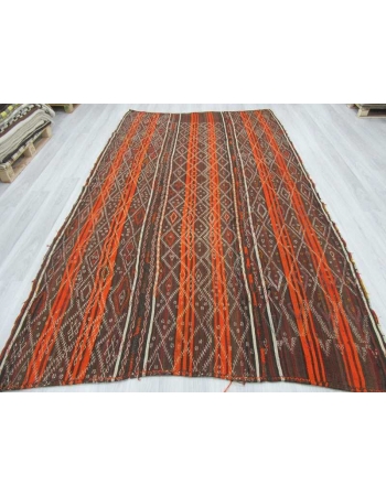 Vintage orange striped embroidered Turkish kilim rug