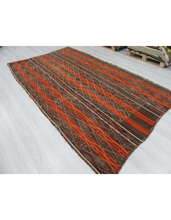 Vintage orange striped embroidered Turkish kilim rug