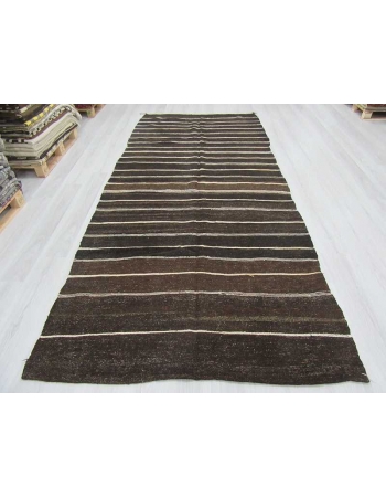 Vintage black white brown striped naturel Turkish kilim rug