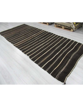 Vintage black white brown striped naturel Turkish kilim rug