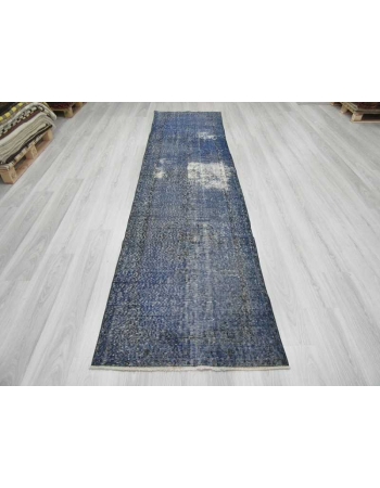 Vintage blue overdyed Turkish runner rug