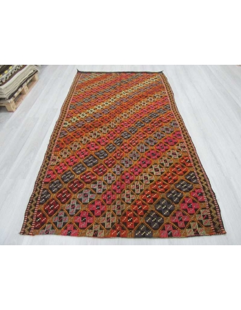 Vintage embroidered colorful Turkish kilim rug