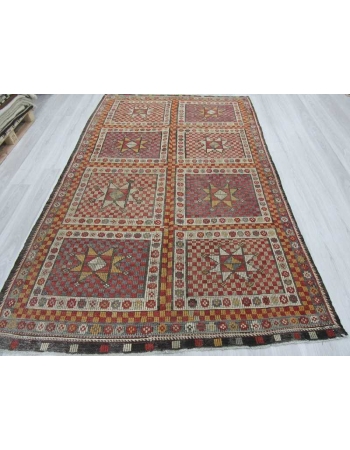 Embroidered vintage Turkish kilim rug