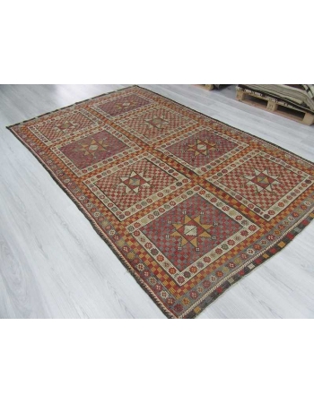 Embroidered vintage Turkish kilim rug