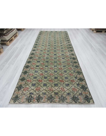 Vintage handknotted decorative soft green Turkish area rug