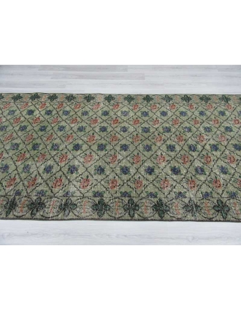 Vintage handknotted decorative soft green Turkish area rug