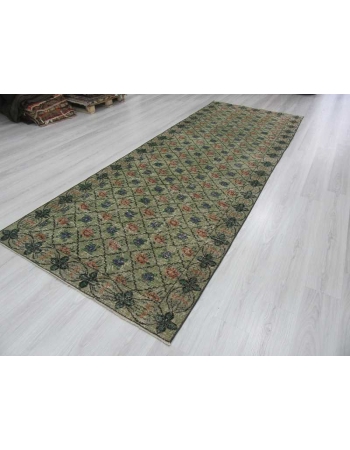 Vintage handknotted decorative soft green Turkish area rug