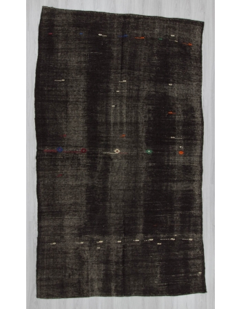 Vintage handwoven goat hair embroidered black Turkish kilim rug