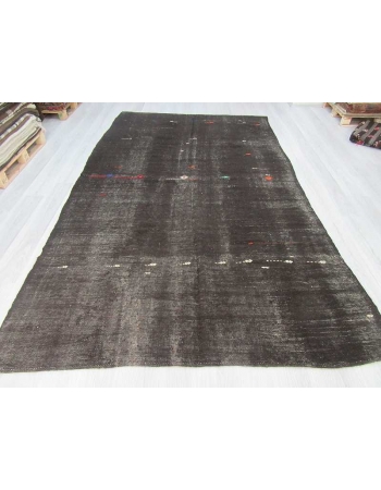 Vintage handwoven goat hair embroidered black Turkish kilim rug