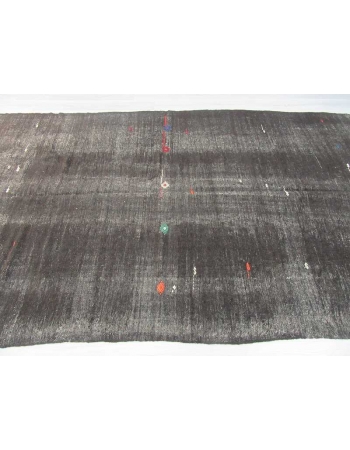 Vintage handwoven goat hair embroidered black Turkish kilim rug