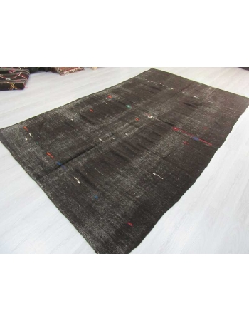 Vintage handwoven goat hair embroidered black Turkish kilim rug