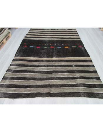 Handwoven vintage black and grey striped embroidered goat hair Turkish kilim rug