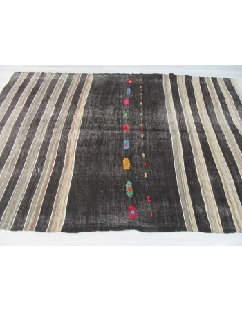 Handwoven vintage black and grey striped embroidered goat hair Turkish kilim rug