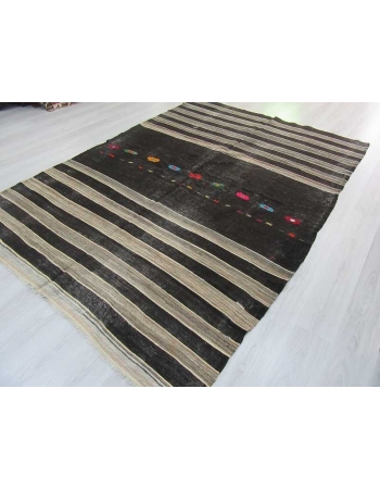 Handwoven vintage black and grey striped embroidered goat hair Turkish kilim rug