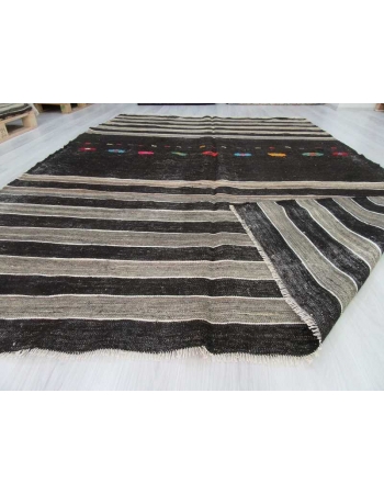 Handwoven vintage black and grey striped embroidered goat hair Turkish kilim rug