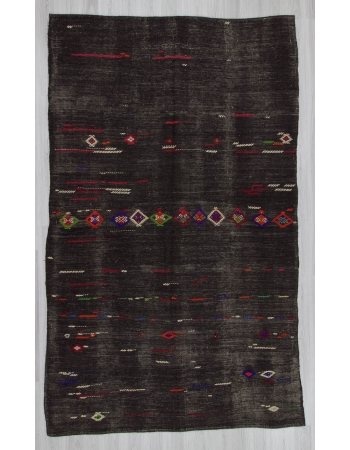 Vintage handwoven embroidered black large Turkish kilim rug