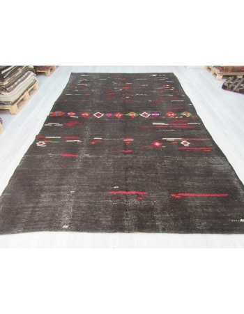 Vintage handwoven embroidered black large Turkish kilim rug