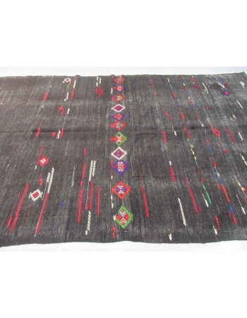 Vintage handwoven embroidered black large Turkish kilim rug