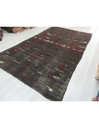 Vintage handwoven embroidered black large Turkish kilim rug