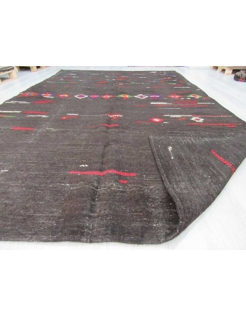 Vintage handwoven embroidered black large Turkish kilim rug