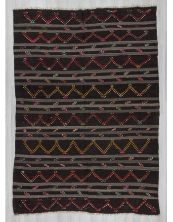 Vintage embroidered black and grey striped large goat hair kilim rug