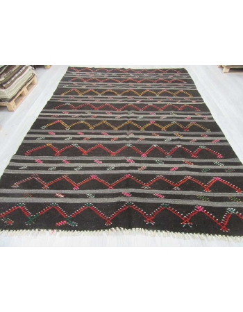 Vintage embroidered black and grey striped large goat hair kilim rug