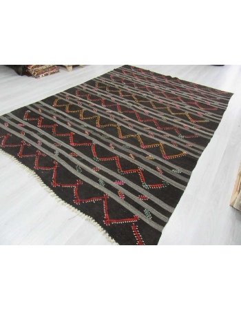 Vintage embroidered black and grey striped large goat hair kilim rug