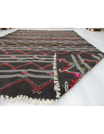 Vintage embroidered black and grey striped large goat hair kilim rug