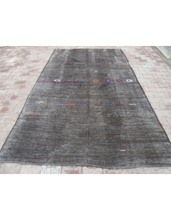 Embroidered Vintage Black Kelim Rug