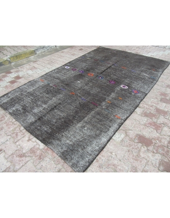 Embroidered Vintage Black Kelim Rug