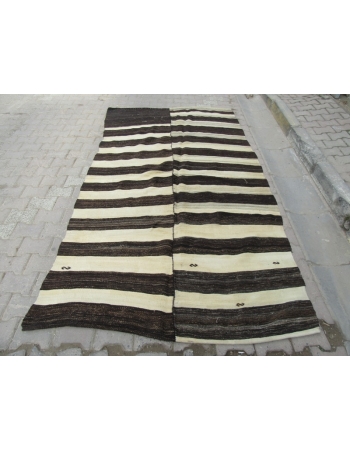 Black / Cream Striped Vİntage Turkish Kilim Rug